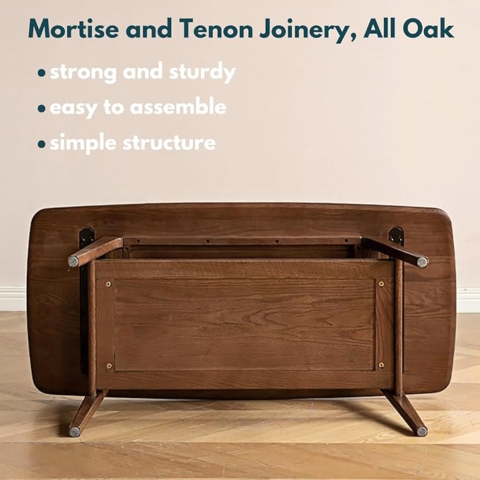 100% Solid Oak Coffee Table with Storage Shelf, 2-Tier Wooden Center Table for Living Room, Farmhouse Rustic Rectangle Table, Easy Assembly, 47 Inch