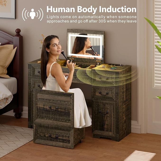 Farmhouse Vanity Desk with Flip up Vanity Mirror and Lights,Rustic Makeup Vanity with Charging Station and Hidden Drawer,Vanity Table Set with Drawers/6-Compartment/Cabinets, Rustic Oak