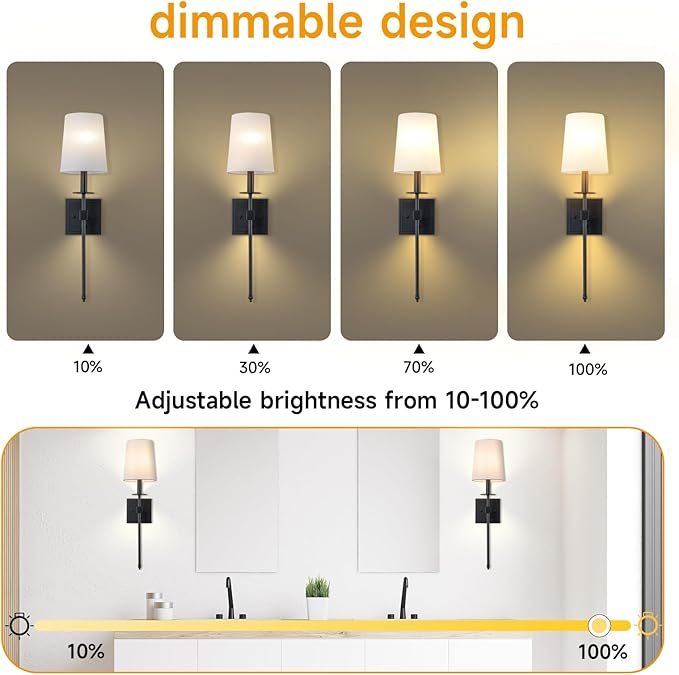 Wall Sconces Sets of 2, Retro Industrial Wall Lamps, Hardwired Bathroom Vanity Sconces Wall Lighting with White Fabric Shade, Indoor Wall Lights for Bedroom Living Room Corridor Black