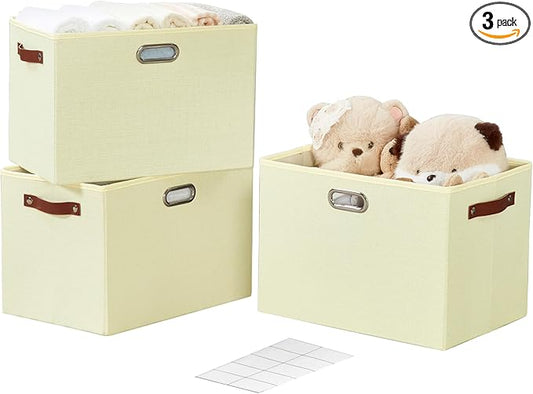 3-Pack Foldable Fabric Storage Bins with Durable PU & Metal Handles , Collapsible Storage Baskets for Shelves, Home Storage, Closet Organizers, Living Room(17"x11.8"x11.8", Beige)