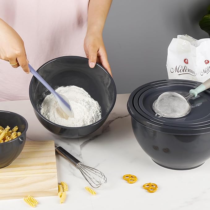 5-Piece Plastic Mixing Bowls with Lids Set for Kitchen, Nesting Bowls for Mixing, Baking, Prepping, Cooking and Serving Food, Grey Mixing Bowls Dishwasher, Microwave Safe, large