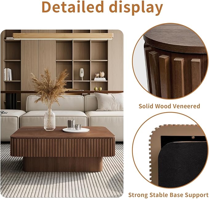 Lift Top Coffee Table for Living Room, Accent Fluted Coffee Table with Storage, Modern Solid Wood Veneered Rectangle Center Tea Table for Small Space Apartment (38.6''D×14''H-Walnut)