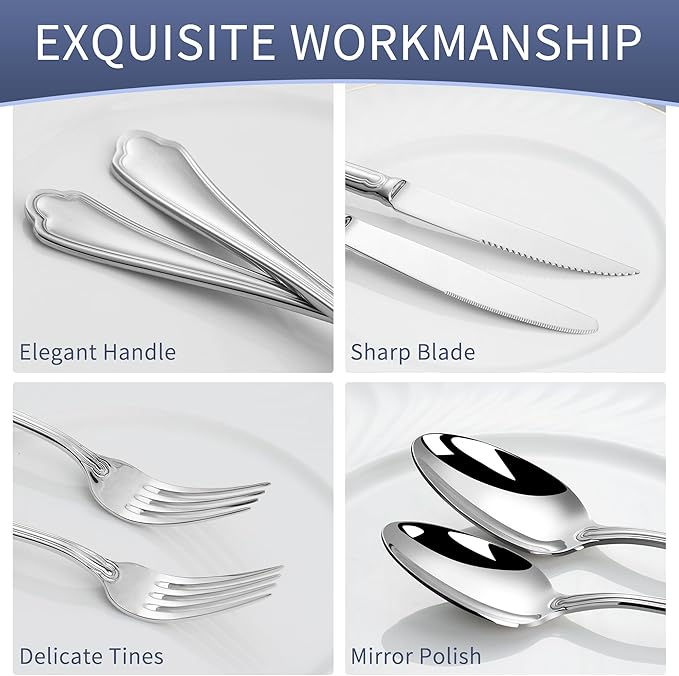 Silverware Set With Steak Knives, 48 Piece Stainless Steel Silverware Set for 8, Stainless Steel 18/10 Flatware, Ideal For Gift