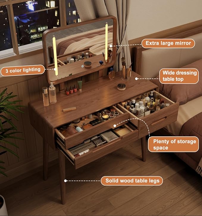 KungFuWood Natural Wooden Make up Table with Lighted Mirror,Soild Wooddressing Table with 3 Lighting Modes Brightness Adjustable,Drawers,Height Adjustable Mirror,Bedroom,Woman, Girl