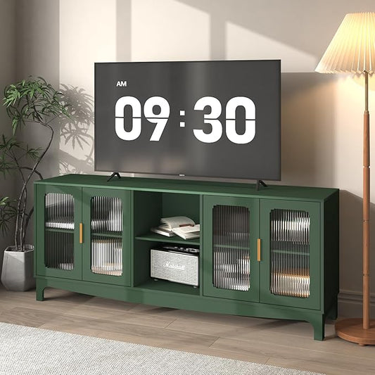 65 Inch Green TV Stand for TVs up to 70+ inch, Mid Century Modern Glass Door TV Console Table, Entertainment Center with Storage Cabinet, Wood Media Console for Bedroom, Living Room (Green)