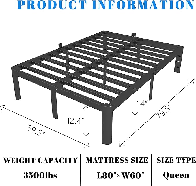 14 Inch Queen Bed Frame, Black Bed Frame Queen Size with Metal Baffles, No Box Spring Needed, Heavy Duty Steel Platform Support to 3500LBS, Round Corner Design, Noiseless, Storage Space
