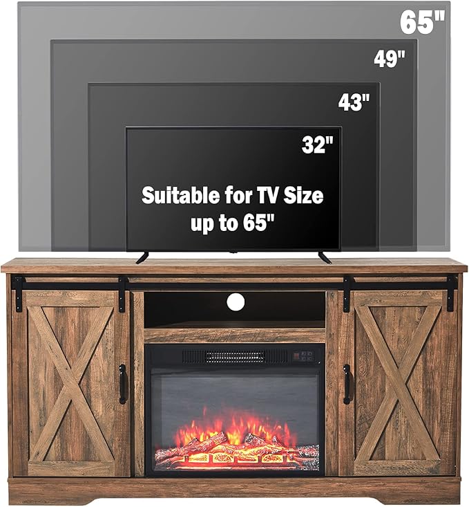 Amerlife Fireplace TV Stand with Sliding Barn Door for TVs up to 65", Farmhouse 59" Fireplace Entertainment Center with Storage Cabinets/Adjustable Shelves, Barnwood