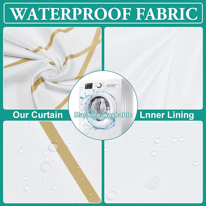 No Hook Gold White Striped Stall Shower Curtain with Snap in Liner Set - Hotel Shower Curtain and Liner Set with See Through Mesh Top Window,Machine Washable, 54x80 INCH