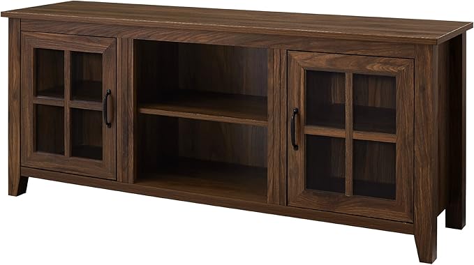 Walker Edison Dakota Modern Farmhouse 2 Glass Door Stand for TVs up to 65 Inches, 58 Inch, Dark Walnut