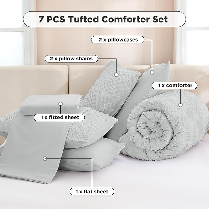 Andency Light Grey Full Size Comforter Set with Sheets - 7 Pieces Bed in a Bag Boho Tufted Bedding Sets Fluffy Lightweight Gray Full Bed Set with Comforter, Sheets, Pillowcases & Shams for All Season