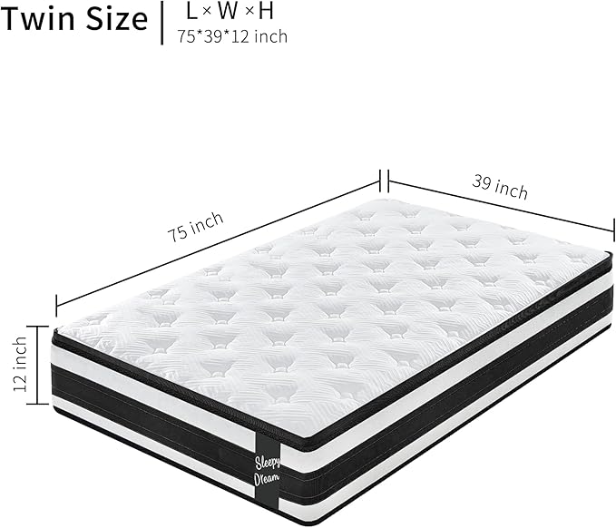 12 Inch Memory Foam Mattress,Twin Size Plush Hybrid Mattress,Cooling Knitted Cover & Pocket Spring,Breathable & Motion Isolating,Pressure Relief, Certified Foams Fabric,Bed in a Box,Tranquilo Core