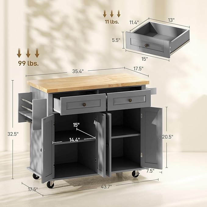 HOMCOM Kitchen Island Cart with Rubber Wood Top, Rolling Kitchen Island Table on Wheels with Drawers, Adjustable Shelves, Spice Rack and Towel Rack for Dining Room, Gray