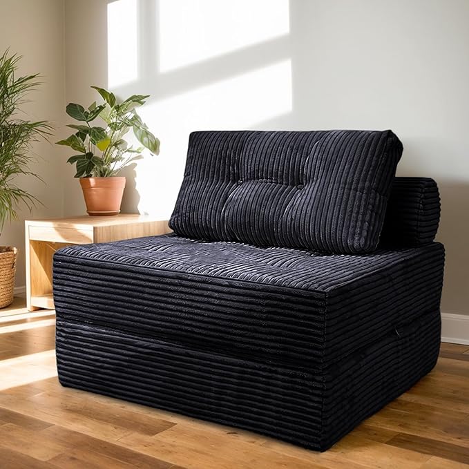 Sofa Bed Futon, Versatile Foldable Sleeper Chair with Pillow, Supportive Memory Foam, Plush Corduroy Fabric, Cozy Floor Couch, Convertible Mattress for Bedroom/Living Room/Guest/Office, Black