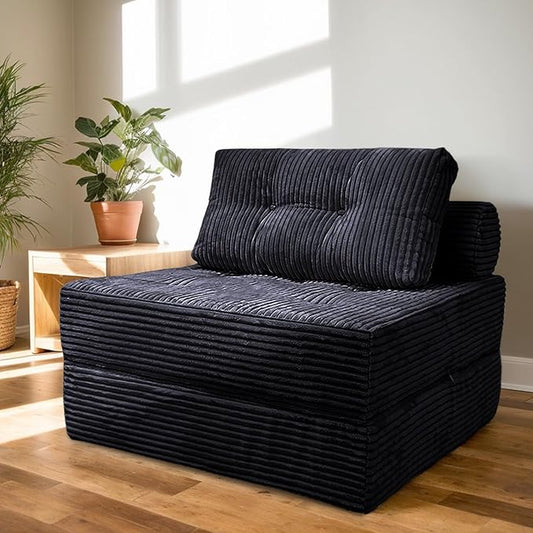 Sofa Bed Futon, Versatile Foldable Sleeper Chair with Pillow, Supportive Memory Foam, Plush Corduroy Fabric, Cozy Floor Couch, Convertible Mattress for Bedroom/Living Room/Guest/Office, Black