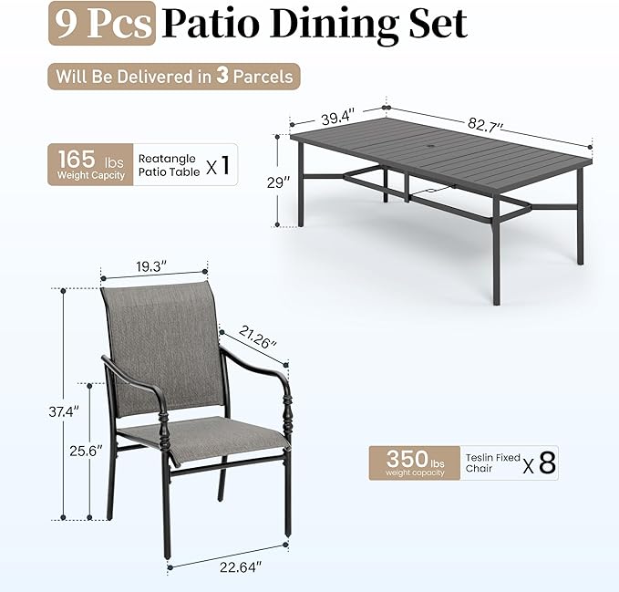 Patio Table and Chairs Set of 8, All-Weather Breathable Textilene Patio Chair with Gourd-Shaped Armrests, 83x39 Rectangle Table with Umbrella Hole, 9 Pcs Metal Frame Patio Dining Set
