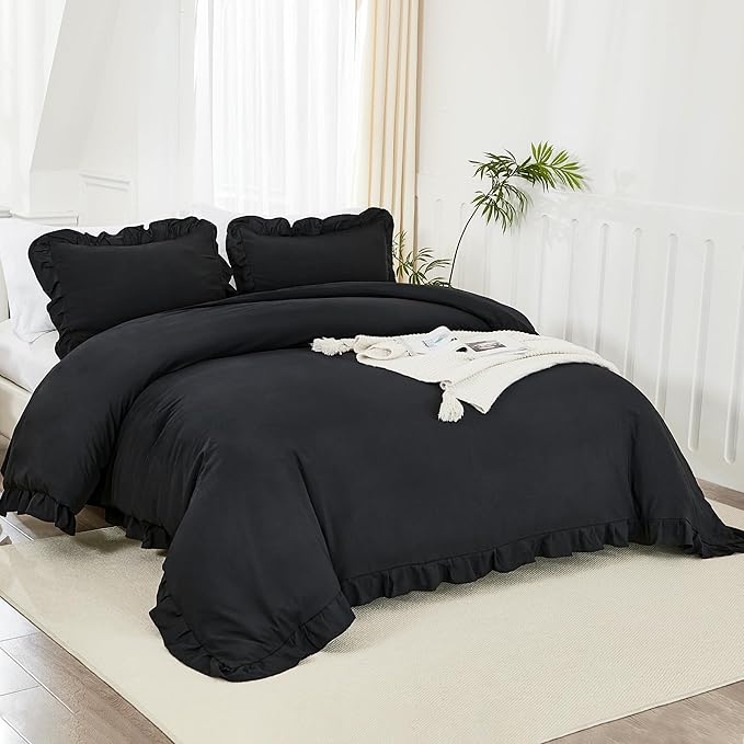 Litanika Black King Size Comforter Set, 3 Pieces Ruffle Farmhouse Aesthetic Bedding Comforter Set, All Season Soft Lightweight Fluffy Microfiber Bed Set(104x90In Comforter, 2 Pillowcases)