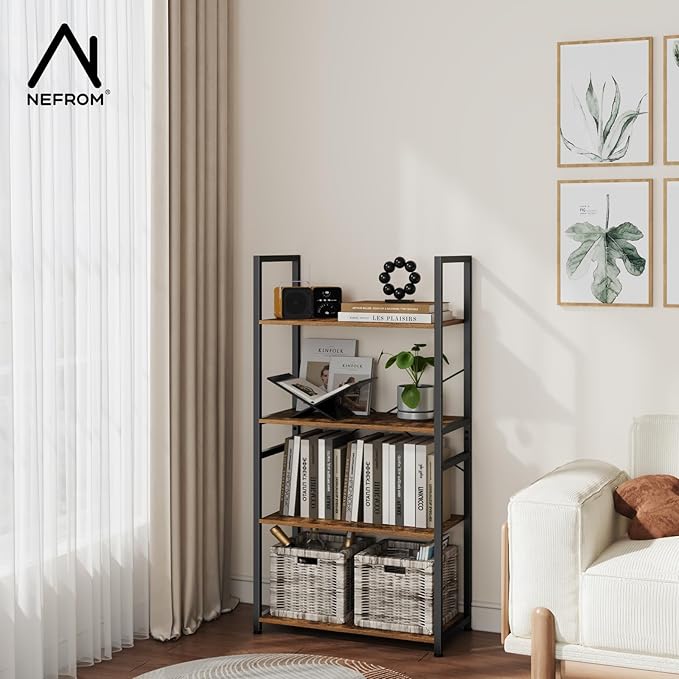 Book Shelf, Adjustable 4-Tier Tall Bookshelf, Wooden Bookcase Shelves for Bedroom, Living Room, Display Shelf for Home, Office, Kitchen, Standing Shelving Unit Storage Organizer BC-BR-4