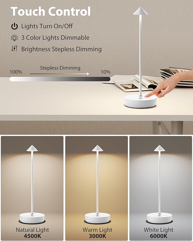 Cordless Table Lamps Rechargeable, 6000mAh Battery Operated LED Desk Lamp Outdoor Waterproof Portable Touch Dimmable Table Night Light for Patio Restaurant Dining Home Set of 2 White
