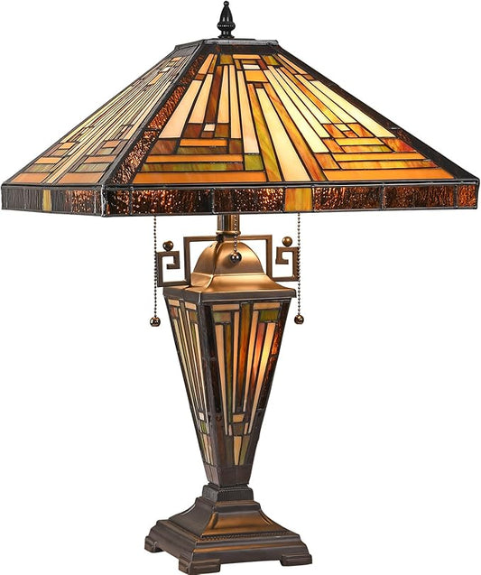Capulina Tiffany Lamp Stained Glass Table Lamp, Mother-Daughter Vase 3-Light,16X16X24 Inches Amber Brown Mission Tiffany Style Desk Reading Lamp for Living Room Bedroom Study Home Office