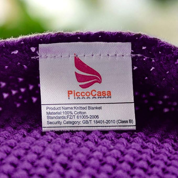 PiccoCasa 100% Cotton Knit Throw Blanket,Solid Lightweight Decorative Throws and Blankets,Soft Knitted Throw Blanket for Sofa Couch, Purple, 50" x 60"