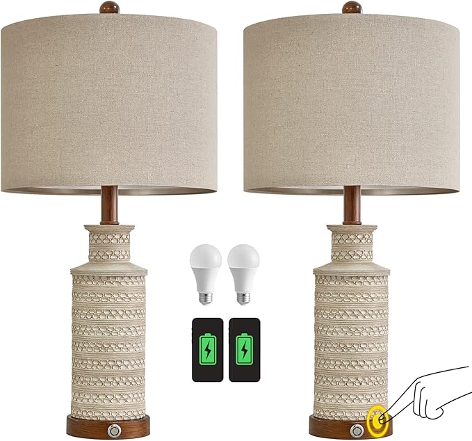 BOBOMOMO 24.5'' 3-Way Dimmable Touch Control Table Lamp Set of 2 with Dual USB Charging Ports for Bedroom Living Room Vintage Rustic Farmhouse Traditional Nightstand Bedside Lamps(Bulbs Included)