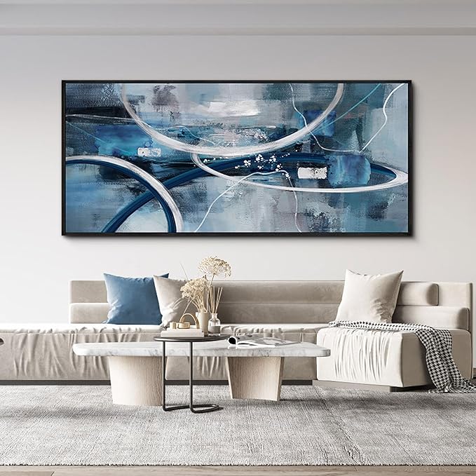 XLSJERST Large Abstract Canvas Wall Decor - Modern Living Room Wall Art Elegant Combination of Tones Black and White Gray Background Blue Gradient Picture