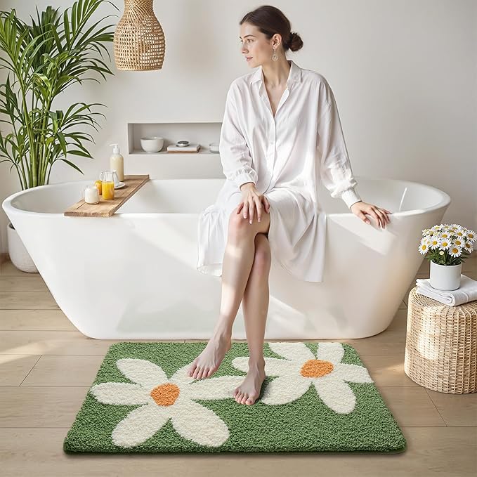 LUMI Bathroom Rug 24x36, Soft Absorbent Microfiber Bath Mats, Non-Slip Machine Wash Bath Mats for Bathroom, Shower and Bathtub Floor, Daisy