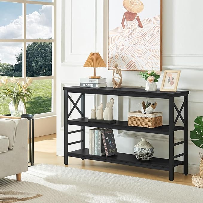 HOMBAZAAR Sofa Table,Industrial Console Table with Storage,Entryway Table with Engineered Wood and Metal,3 Tier Shelf for Living Room,Hallway,Black,47 Inch