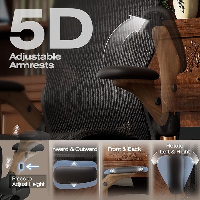 ELABEST X100 Ergonomic Office Chair with Footrest, Big and Tall Home Desk Chair with 5D Flip-Up Arms, Adjustable 3D Lumbar Support,High Back Rolling Computer Chair, Swivel Mesh Chairs (Library Oak)