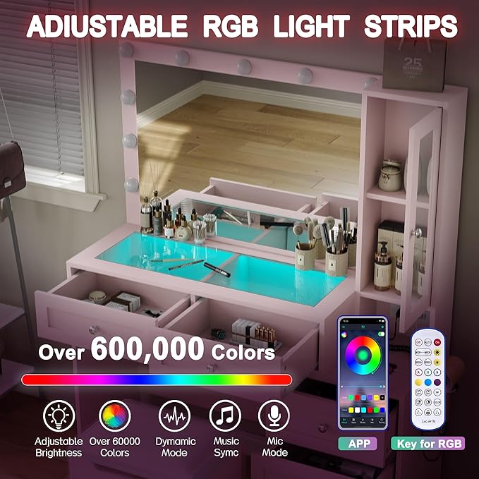 Pink Vanity Desk with Illuminated Mirror & Power Outlet,Vanity with RGB Light Strip and 12 LED Lights,Vanity Table with Chair,Set 3 Lighting Modes Brightness Adjustable