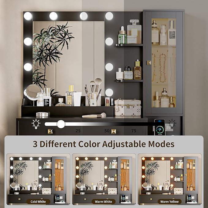 Vanity Desk with Mirror and Lights, Black Makeup Vanity with 5 Drawers Hidden Jewelry Organizer& LED Glass Cabinet,3 Light Mode and Brightness Adjusted,Vanity Mirror with Lights Desk and Chair