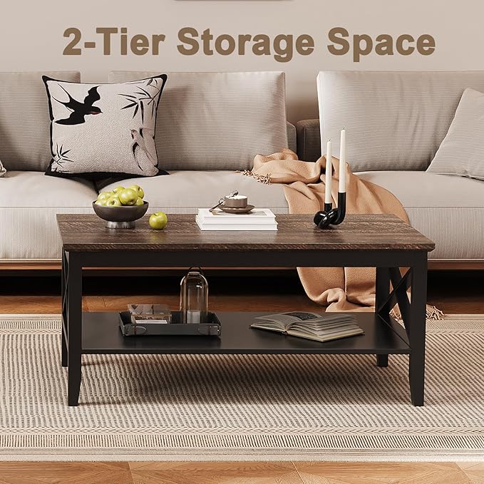 ChooChoo Coffee Table, Wooden Coffee Tables with Thicker Legs, Black Coffee Table with Storage for Living Room