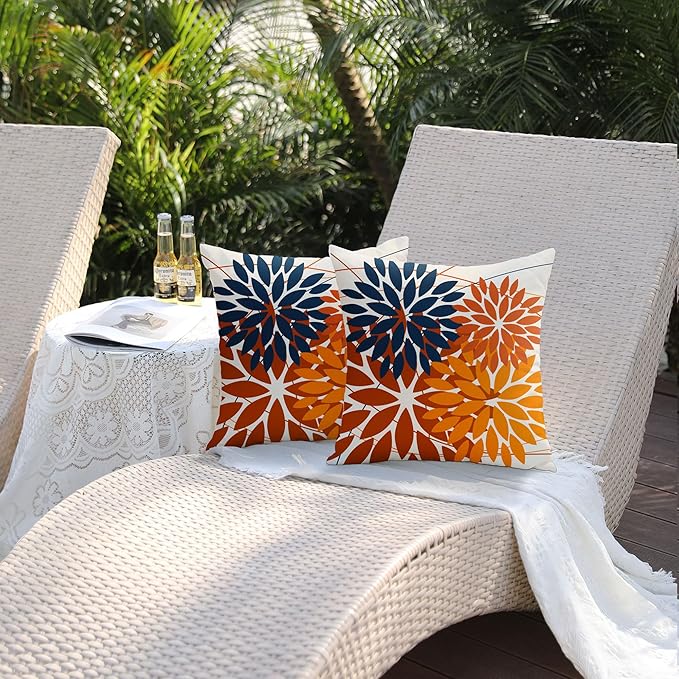 DFXSZ Outdoor Pillow Covers 18x18 Inch Set of 2 Blue Orange Flower Decorative Waterproof Summer Outdoor Fall Pillow Covers for Patio Funiture Garden Couch 168N18