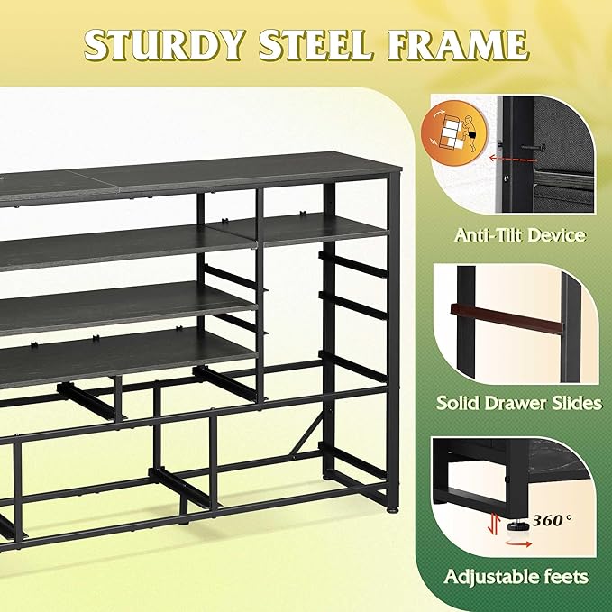 WLIVE Black TV Stand for 55, 60, 65 inch TV, Entertainment Center with LED Lights & Charging Station, TV Media Console Table with 15 Fabric Drawers and Open Shelves for Living Room, Hallway, Wood Top