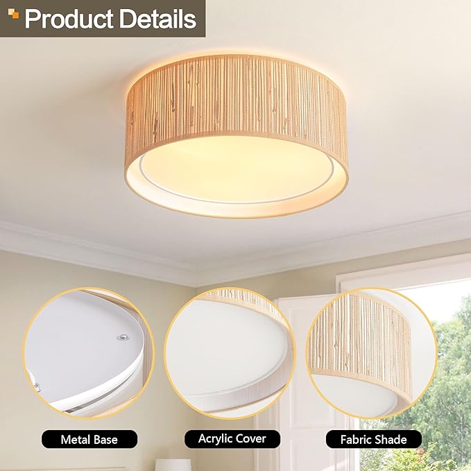 WINGBO 15.7" Modern 3-Light Flush Mount Ceiling Light Fixture with Fabric & Acrylic Double Drum Shade for Bedroom Living Room Dining Room Hallway Entryway, Wood Grain
