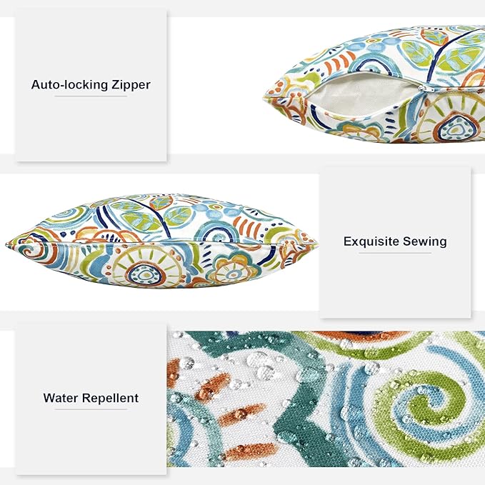 Outdoor/Indoor Lumbar Pillows, Water Repellent Cushion Pillows, 12x20 Inch, Outdoor Pillows with Inserts for Home Garden, Pack of 2, Flower Blue