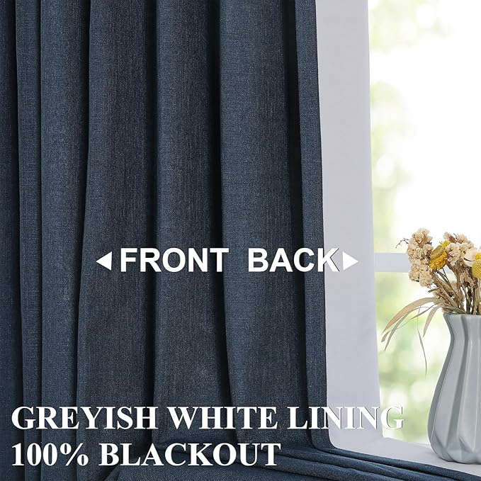 Vision Home Navy Blue Pinch Pleated Full Blackout Curtains Linen Blended Room Darkening Curtain Panels 102 inch for Living Room Bedroom Thermal Insulated Pinch Pleat Drapes with Hooks 40" Wx102 Lx2