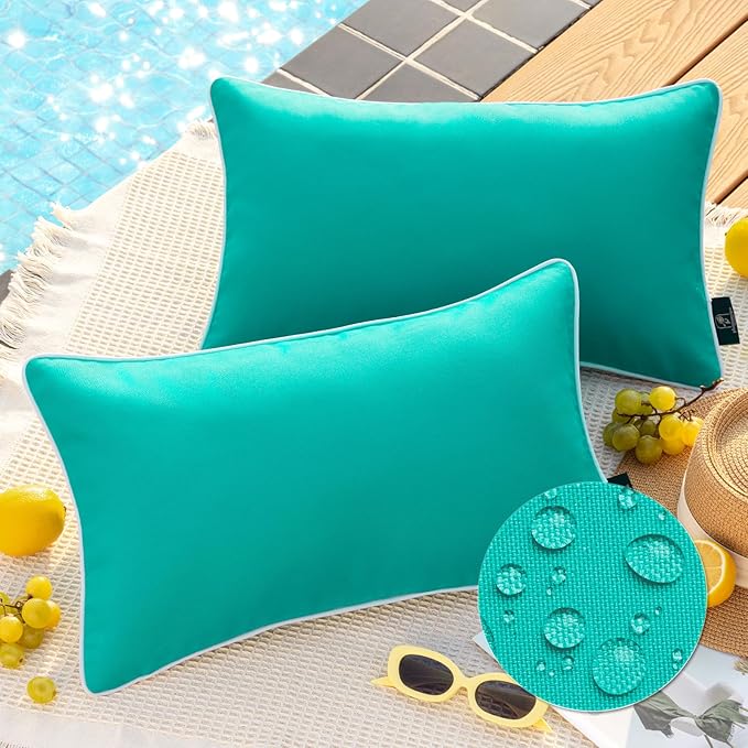 Phantoscope Pack of 2 Outdoor Waterproof Solid Throw Decorative Pillow Cover Decorative Square Outdoor Pillows Cushion Case Patio Pillows for Couch Tent Sunbrella, Turquoise 12x20 inches 30x50 cm