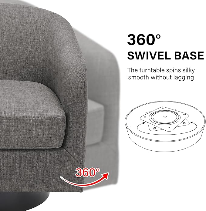 Swivel Barrel Accent Chair, Modern Round Linen Arm Chair for Living Room, Bedroom, Comfy Club Reading Chairs for Adults（Linen Fabric, Grey, Set of 4