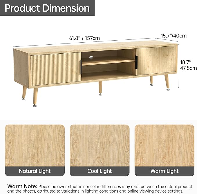 Mid Century TV Stand, Modern TV Console for TVs up to 70 Inches, Entertainment Center with Storage, TV and Media Consol for Living Room, 62 Inch (Natural Osk)