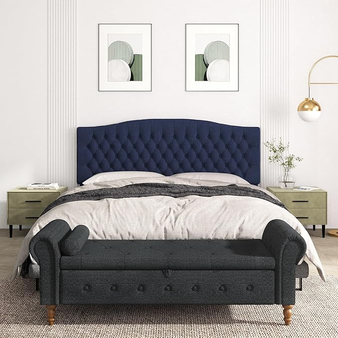 King Headboard Only, Upholstered Headboard for Adjustable Bed Linen Tufted Cal King Size Wall Mounted Head Board with Solid Wood Legs Head Board, Navy Blue