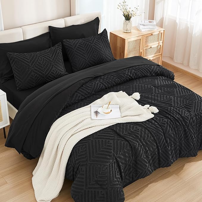 Andency Black Full Size Comforter Sets with Sheets - 7 Pieces Bed in a Bag Boho Tufted Bedding Sets Fluffy Lightweight Full Bed Set with Comforter, Sheets, Pillowcases & Shams for All Season