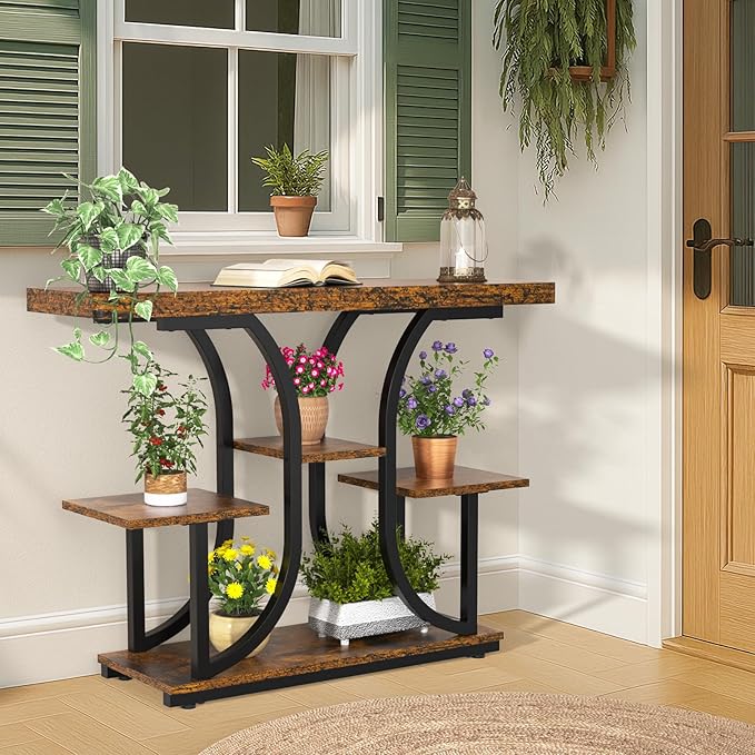 ikkle 42.5" Console Table, Industrial 4-Tier Sofa Table Entryway Table with Curved Base, Narrow Wood Accent Tables with Storage Shelves for Living Room, Hallway, Foyer, Rustic Brown