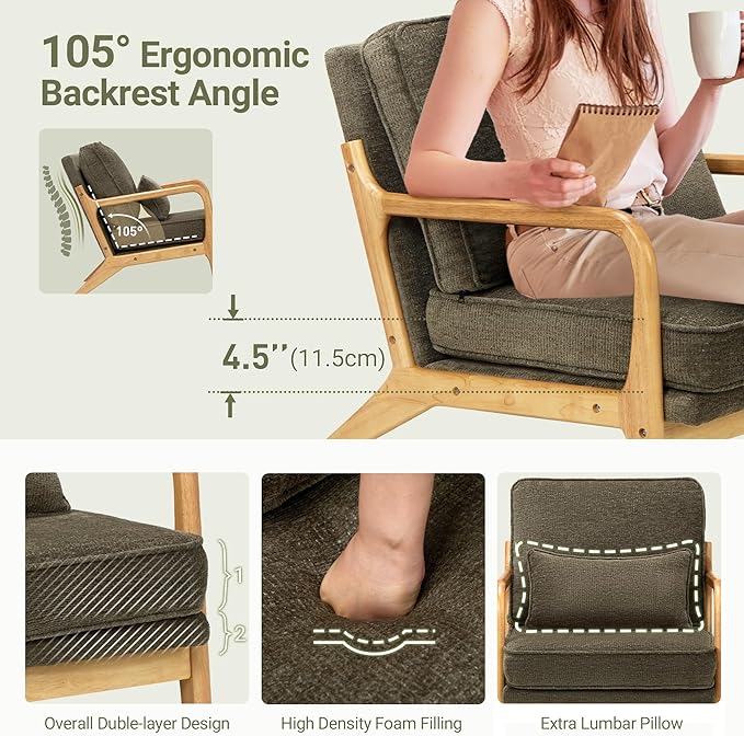 COLAMY Mid Century Modern Accent Chair Set of 2 with Lumbar Pillow, Relaxing Armchair with Solid Wood Frame & Soft Cushion, Reading Leisure Chair for Living Room（Green）