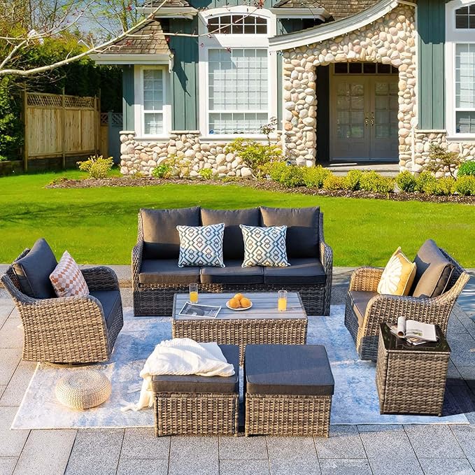 Outdoor Patio Furniture Set with Swivel Chair, 7 Pieces Patio Conversation Set, Patio Sectional Furniture Set with 2 Swivel Rocker Chair & Sofa, 2 Ottomans and Coffee Table (Grey)