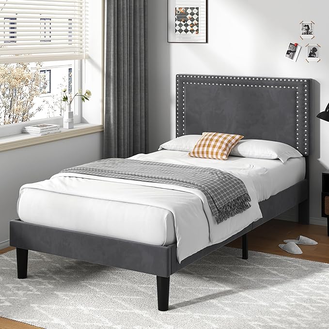 VECELO Twin Size Platform Bed Frame with Adjustable Upholstered Headboard, Strong Wood Slat Support, No Box Spring Needed, Easy Assembly