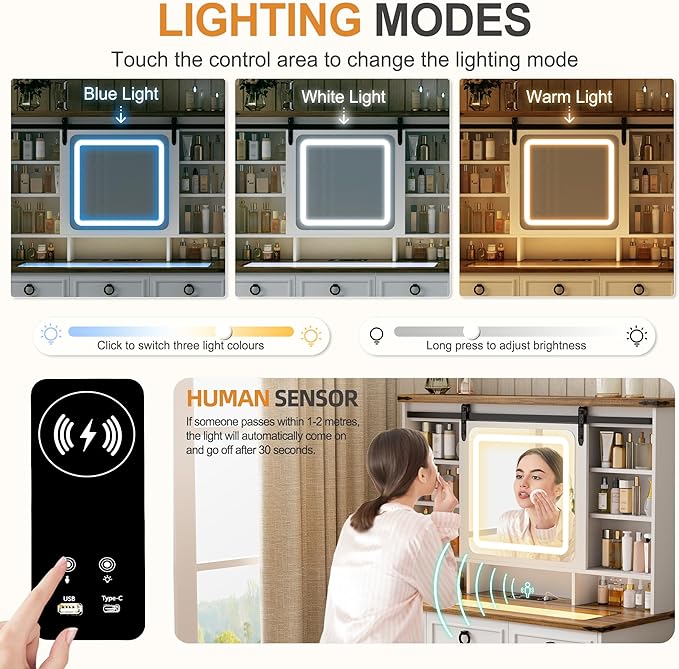 HNEBC Farmhouse Makeup Vanity Desk with Sliding Mirror and Lights,40" W Glass Tabletop Vanity Table with Charger,LED Vanity Set with Jewelry Armoire,6 Drawers,10 Shelves,Adjustable Cabinet