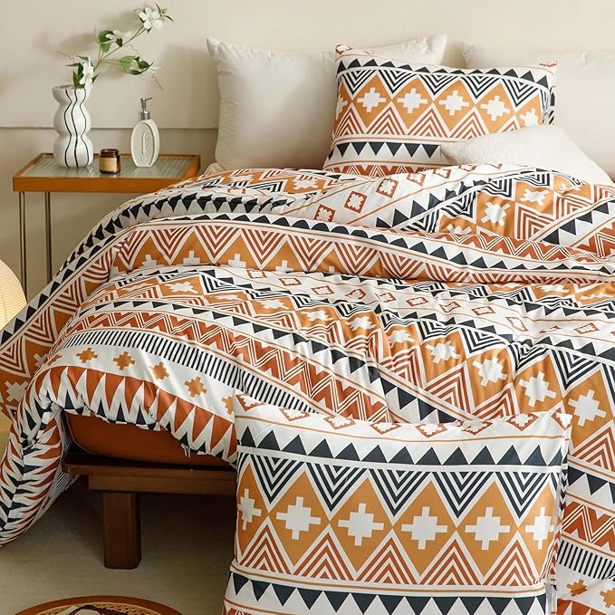 Luxlovery Aztec Comforter Set Full Boho Geometric Bedding Set Beige Orange Black Colorful Farmhouse Blanket Quilts Soft Rustic 3PCS Comforter Set Full Size