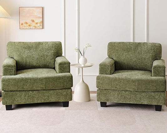 Oversized Accent Chairs Set of 2,Large Armchair with Armrest Organizer,Deep Seat,Big Reading Chair,Comfy Living Room Chairs,Sofa Chair for Bedroom,Chenille,Green