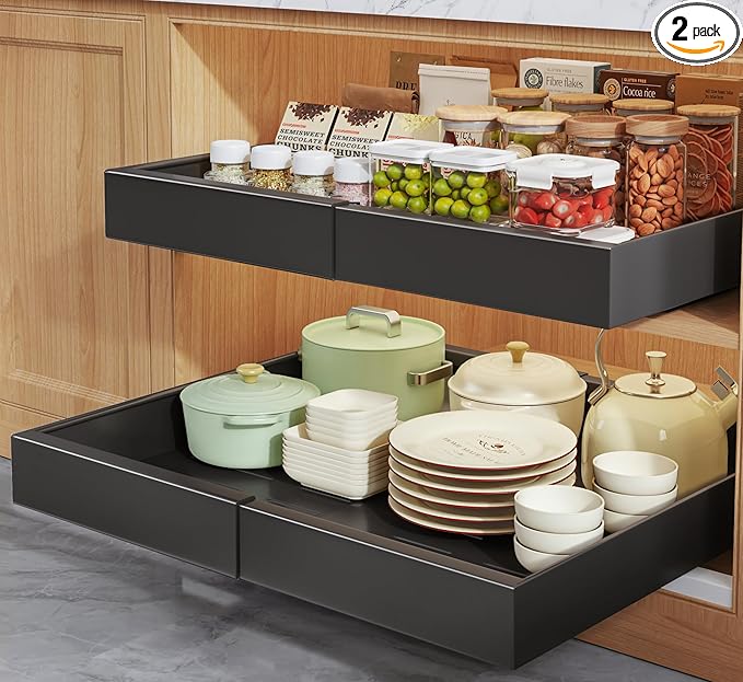 2 Pack Pull Out Cabinet Organizers 21"Deep with Raising Pad for Framed Cabinets,Expandable Slide Out Drawers Upgrade 3 Slide Rails,Roll Out Shelves Adhesive,Adjustable Width 12"-20.45" Black
